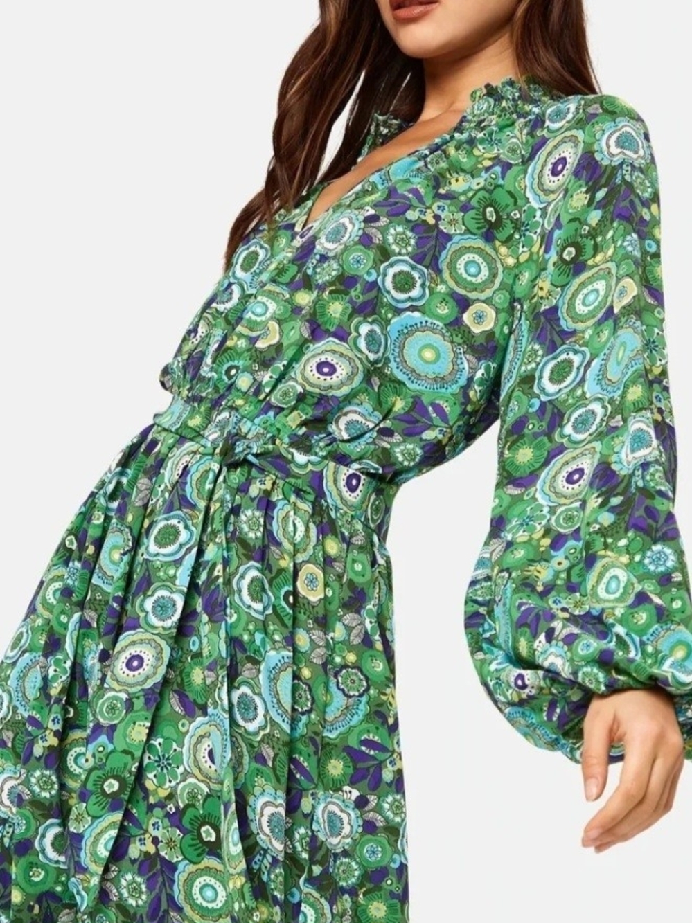 Traffic People Kelly Green Floral Smocked V-Neck Maxi Dress Balloon Sleeve XL